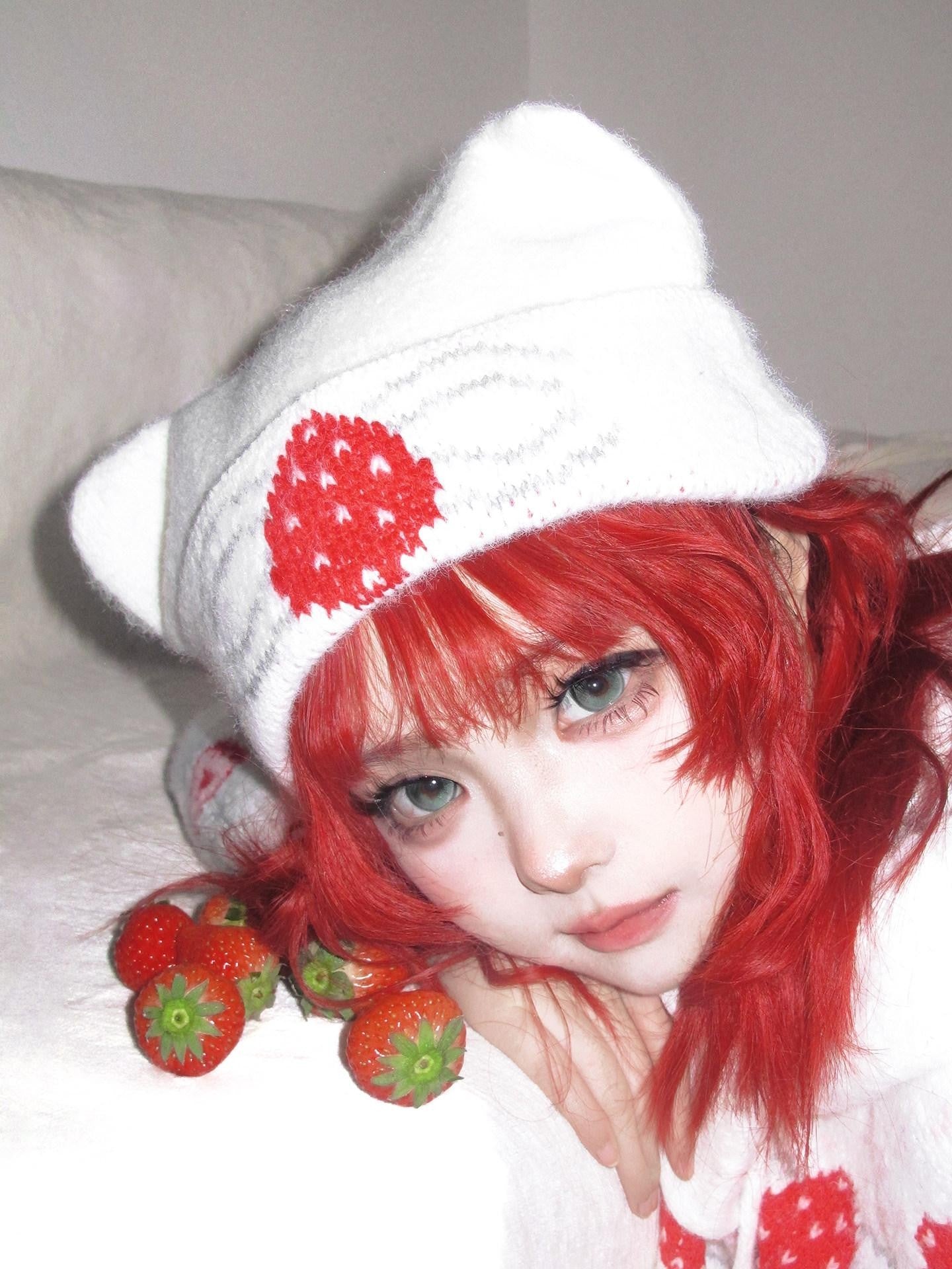 Daytoday Strawberry Cake Jacquard Foldable Cat Ear Knitted Women&
