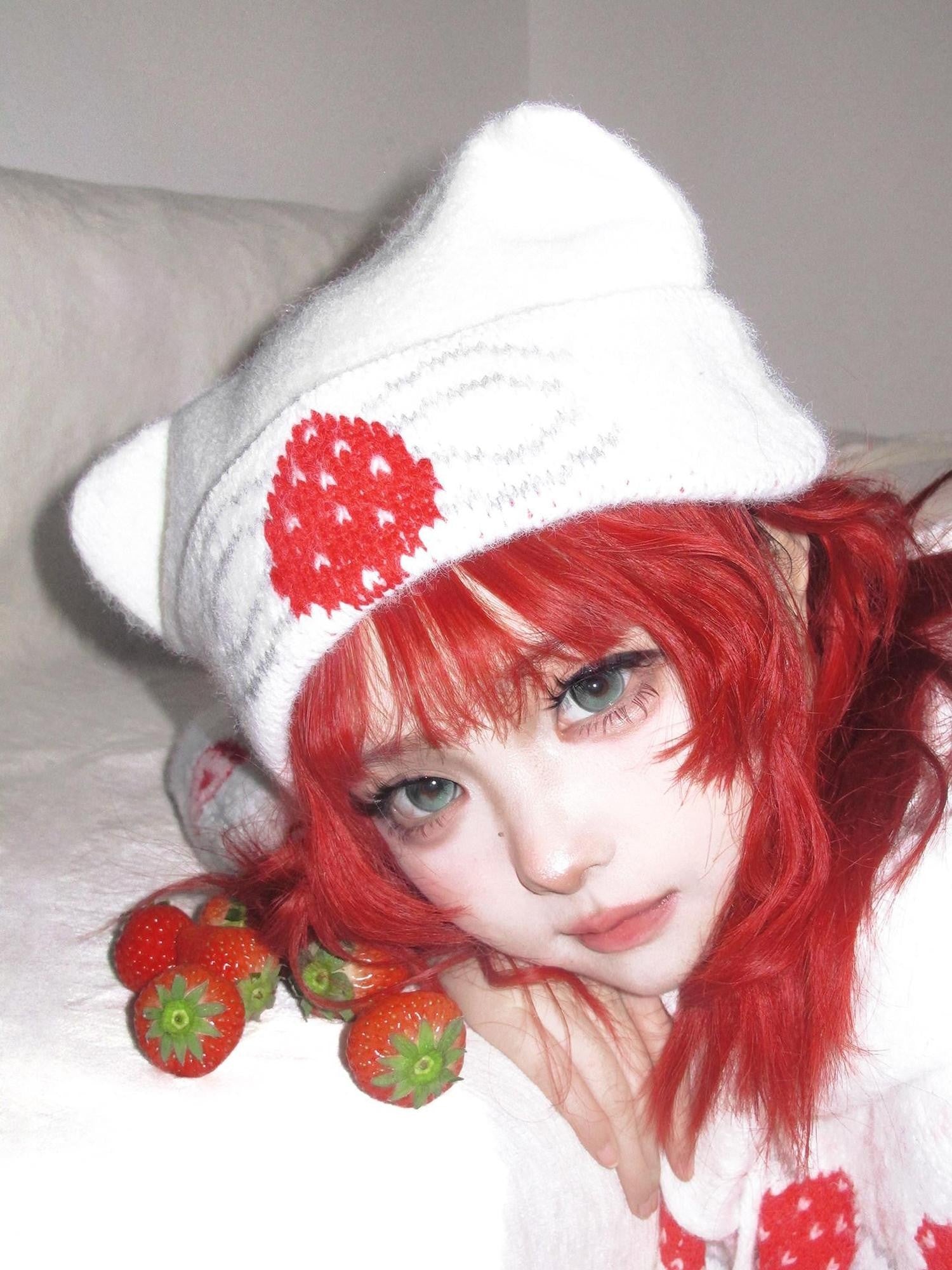 Daytoday Strawberry Cake Jacquard Foldable Cat Ear Knitted Women&
