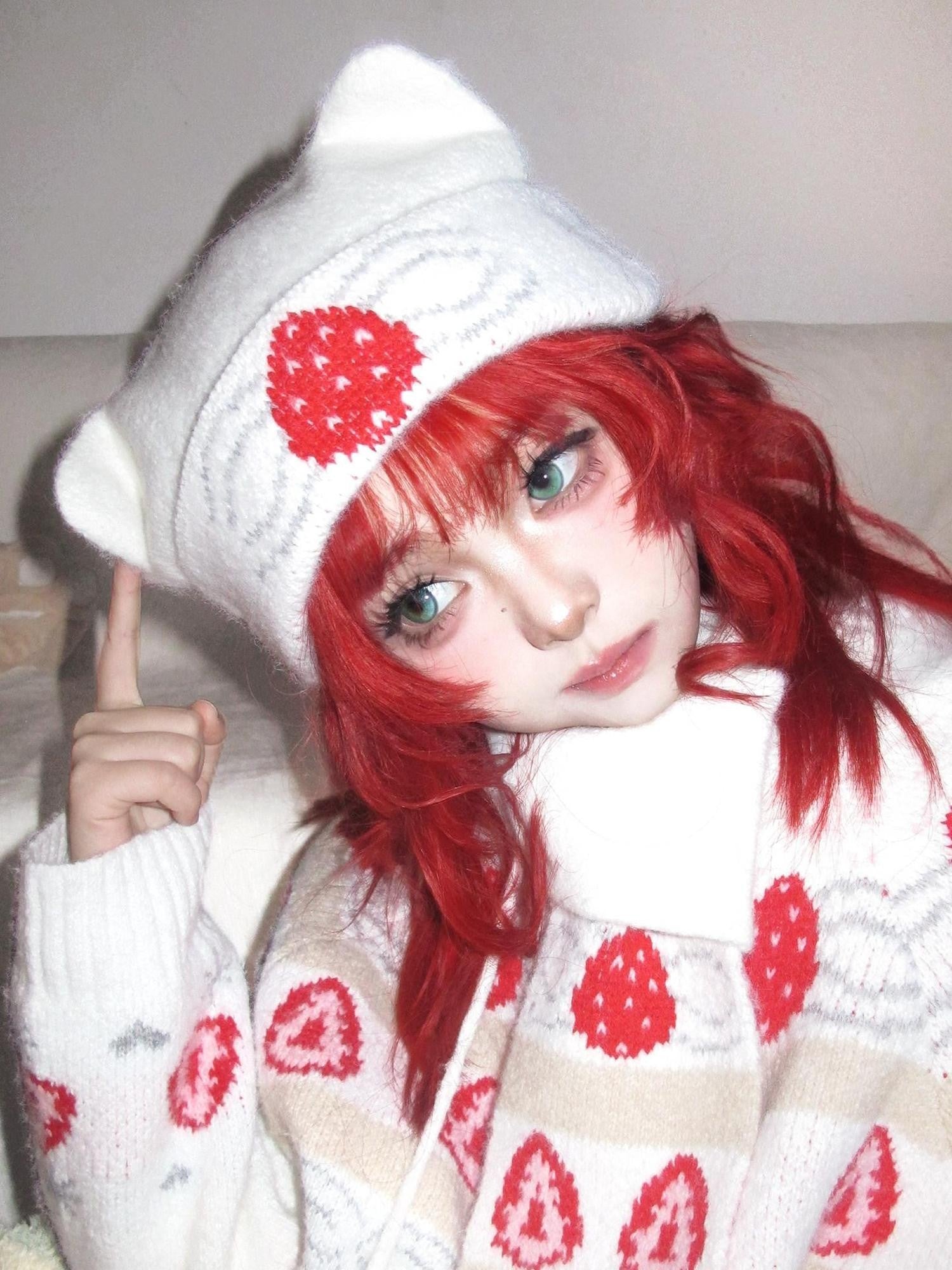Daytoday Strawberry Cake Jacquard Foldable Cat Ear Knitted Women&