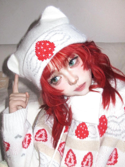 Daytoday Strawberry Cake Jacquard Foldable Cat Ear Knitted Women&