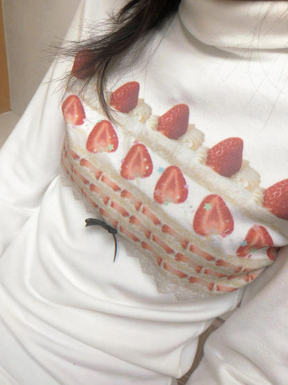 Daytoday Strawberry Cake Print High Neck Slim Fit Women&