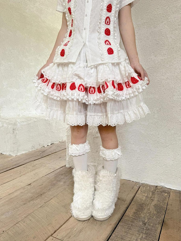 Strawberry Cake Print Lace Trim Bow Cotton Women's Midi Skirts