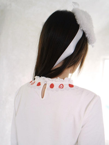 Daytoday Strawberry Print Lace Trim Round Neck Women&