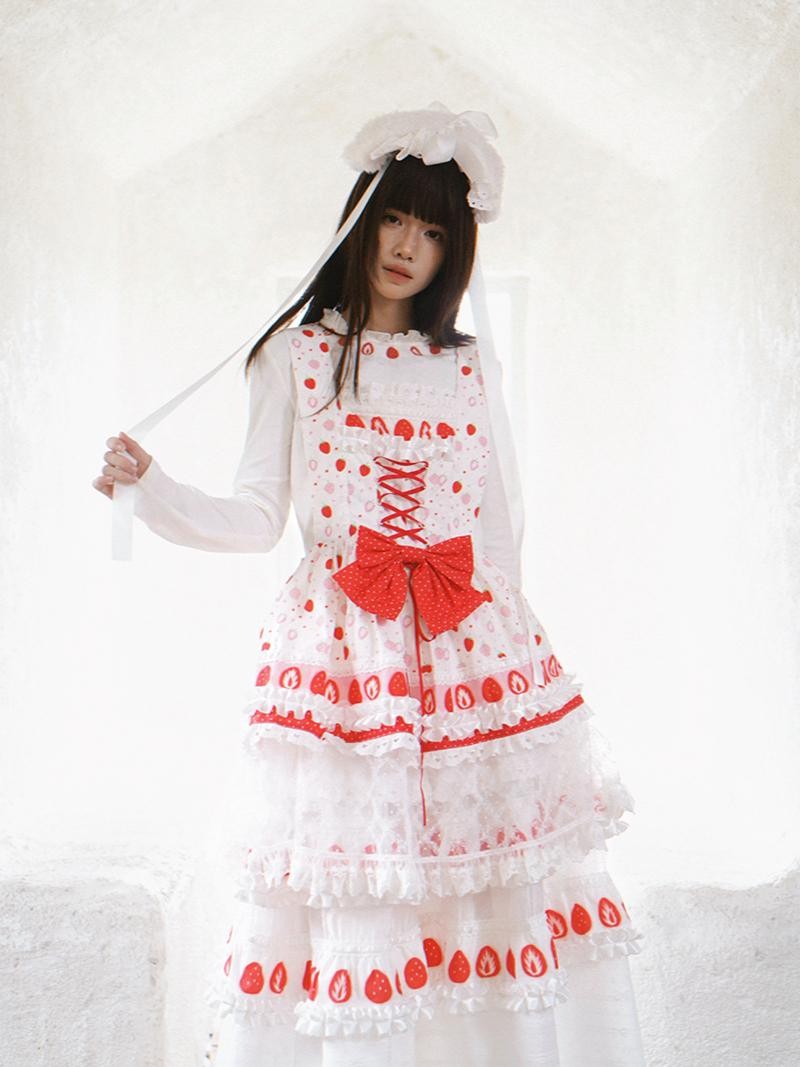 Daytoday Strawberry Print Lace Trim Round Neck Women&