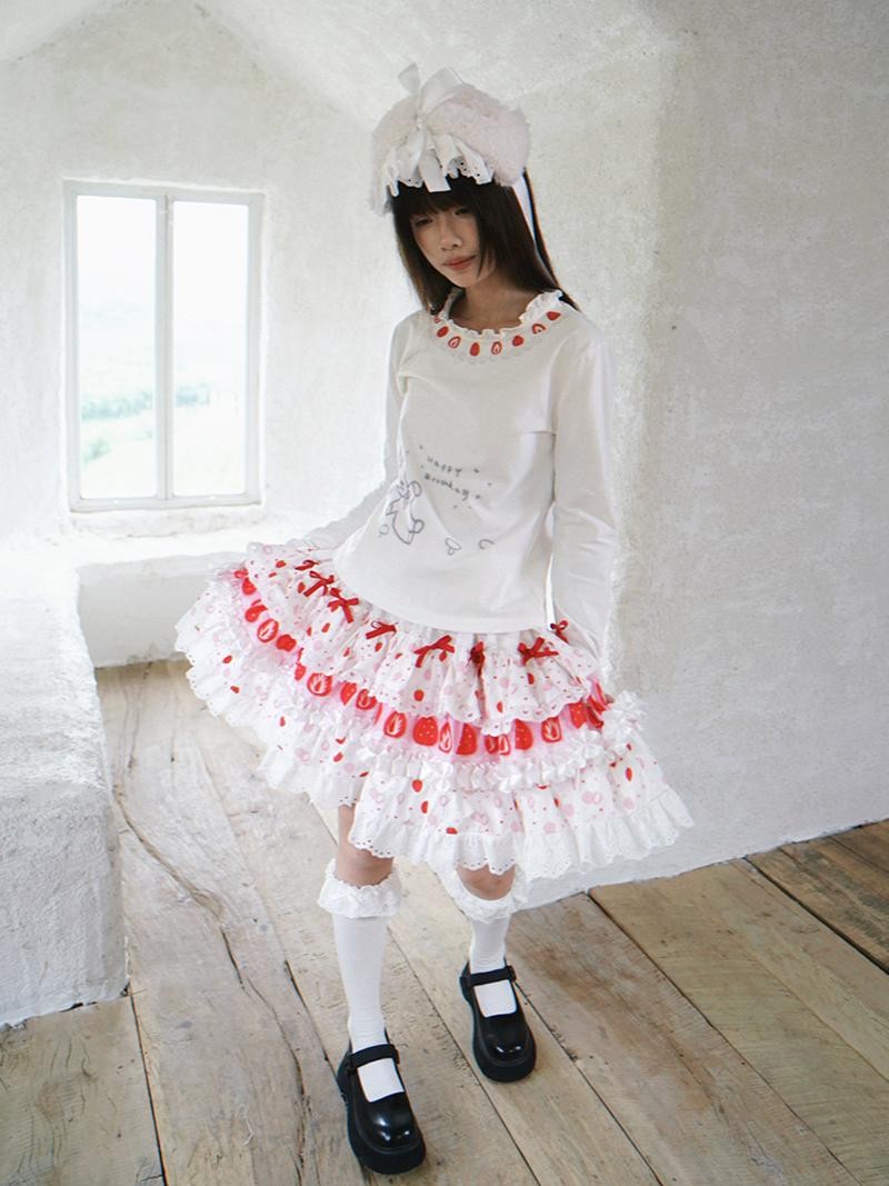 Daytoday Strawberry Print Lace Trim Round Neck Women&