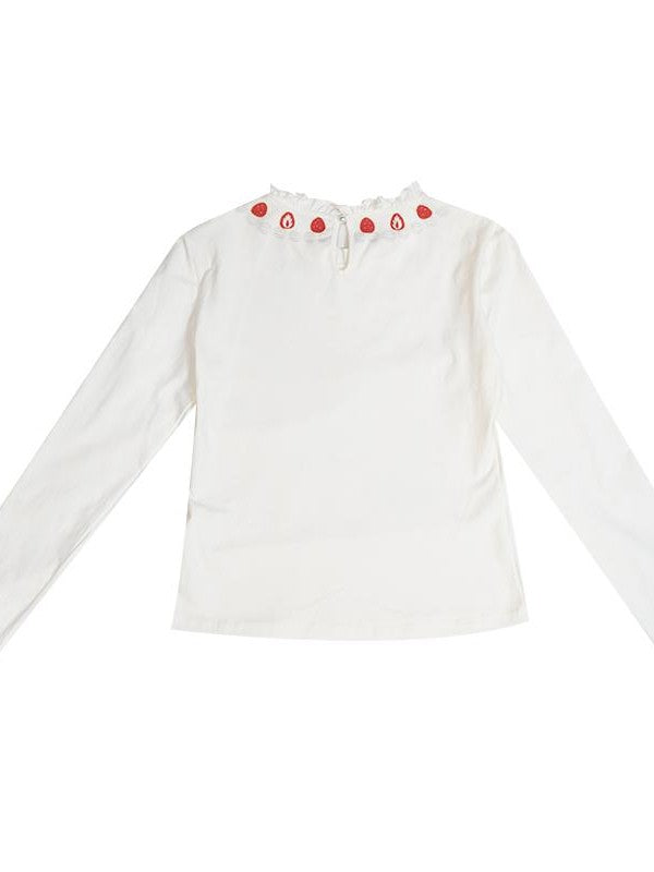 Daytoday Strawberry Print Lace Trim Round Neck Women&