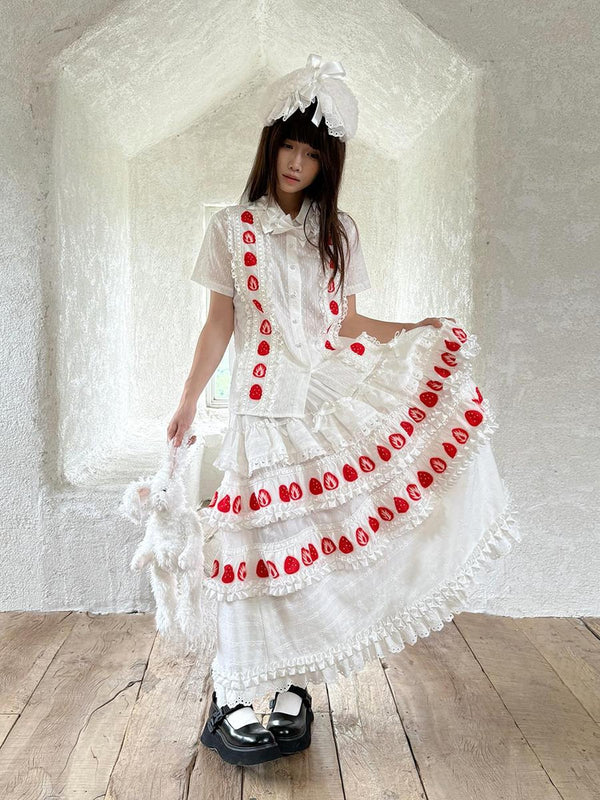 Strawberry Print Ruffle Bow Plaid Women's Cotton Short Sleeve Blouses