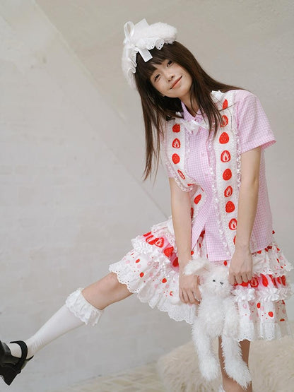 Daytoday Strawberry Print Ruffle Bow Plaid Women&