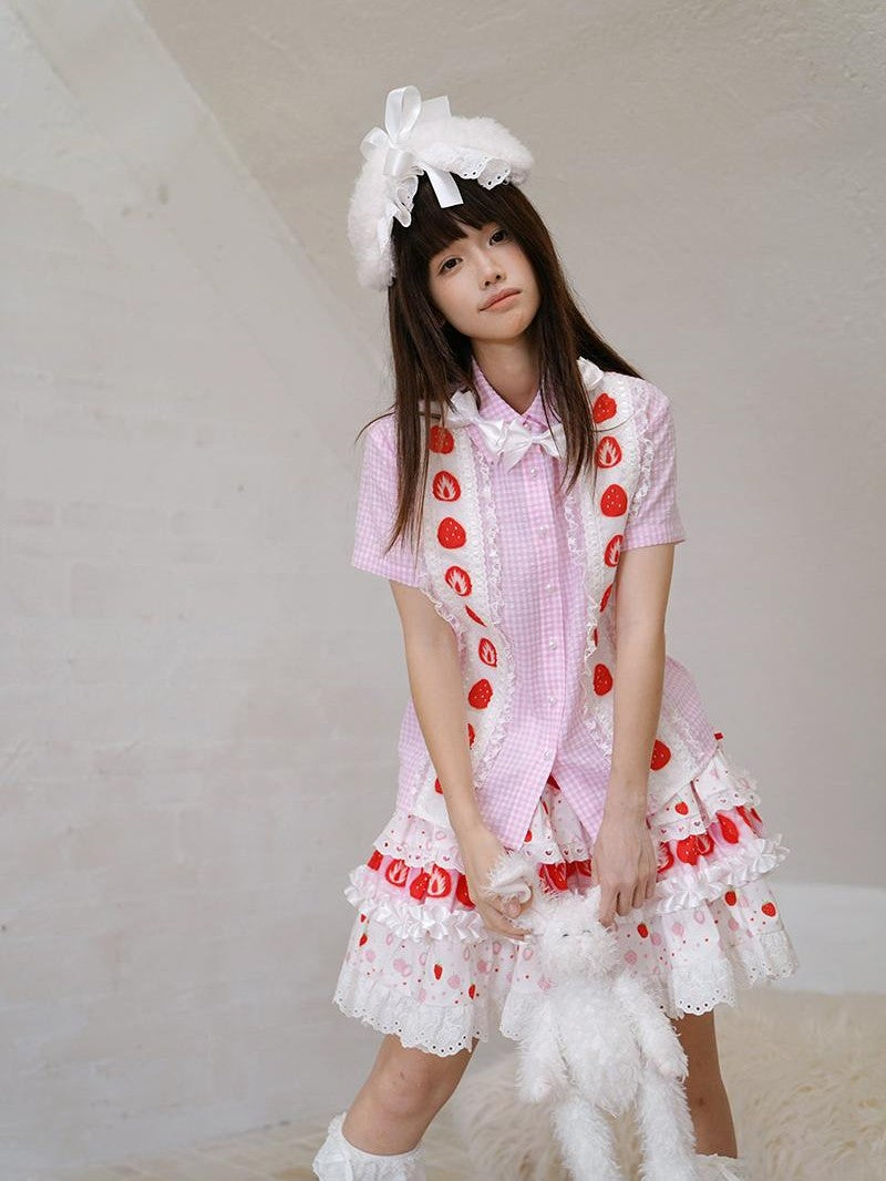 Daytoday Strawberry Print Ruffle Bow Plaid Women&