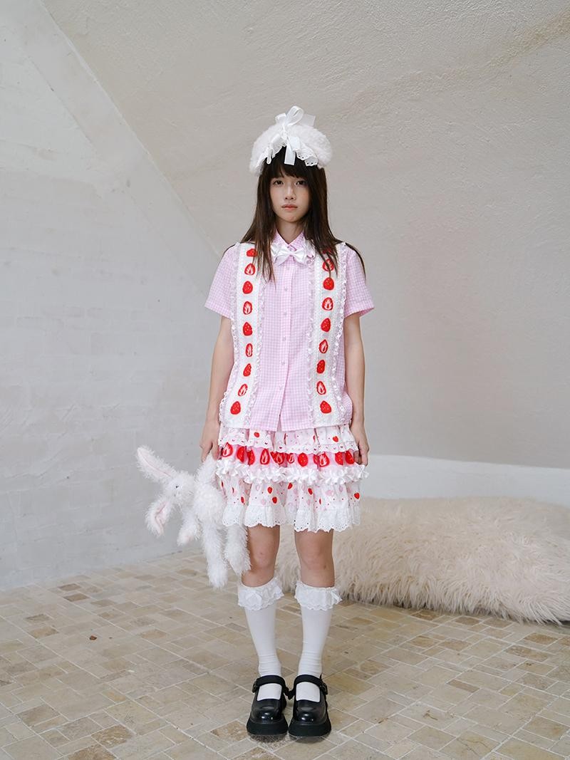 Daytoday Strawberry Print Ruffle Bow Plaid Women&