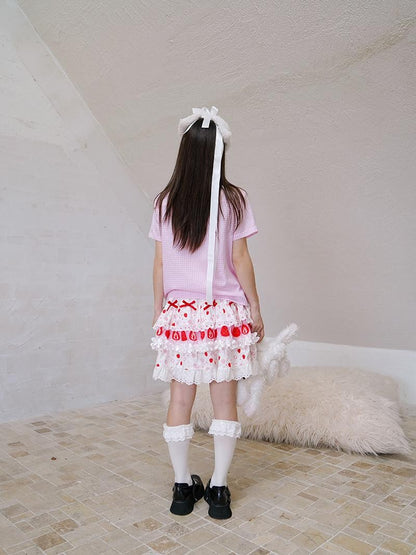 Daytoday Strawberry Print Ruffle Bow Plaid Women&