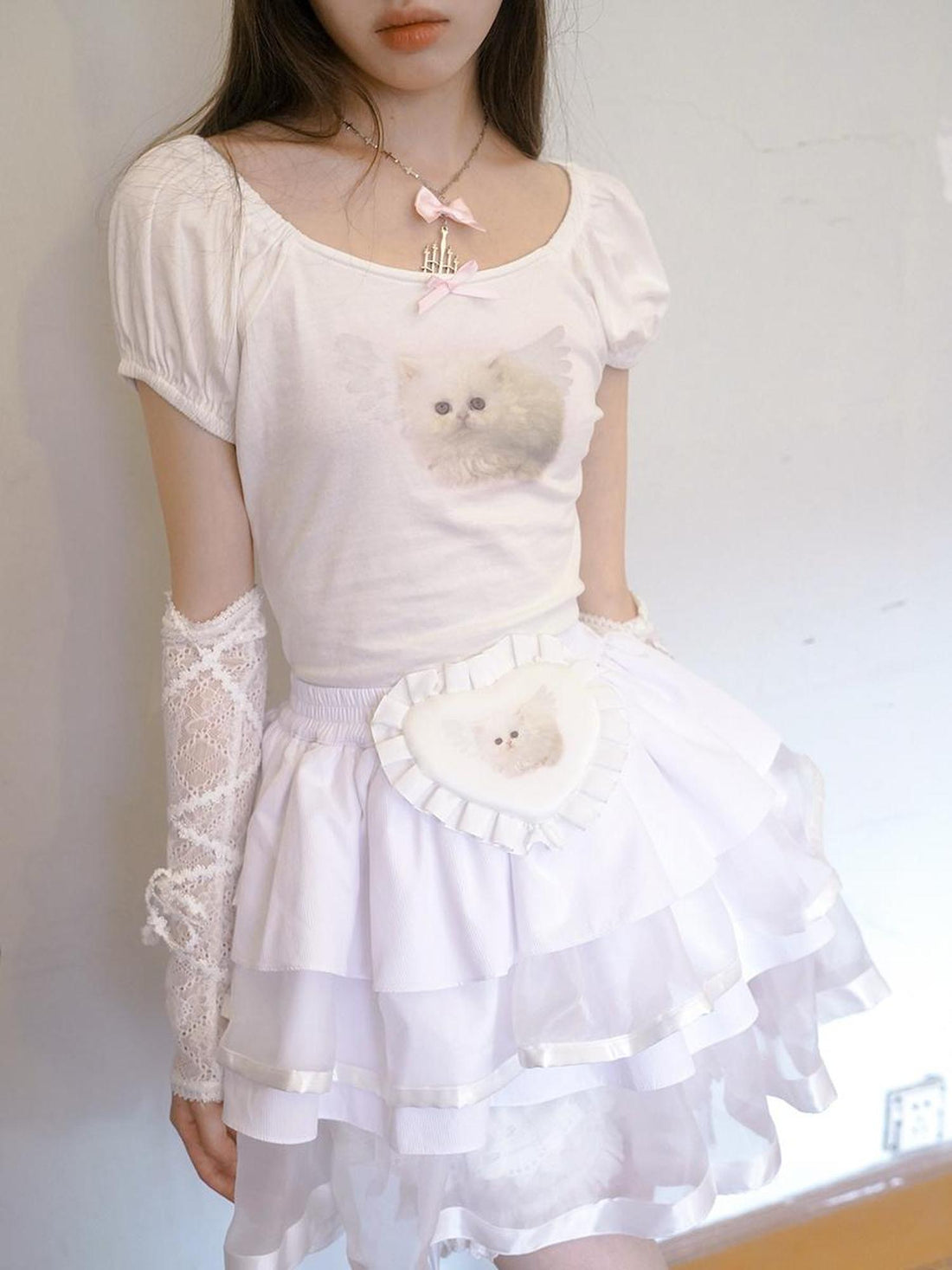 Daytoday The Cat And The Angel Cotton Tee V Neck T Shirt Long Sleeve