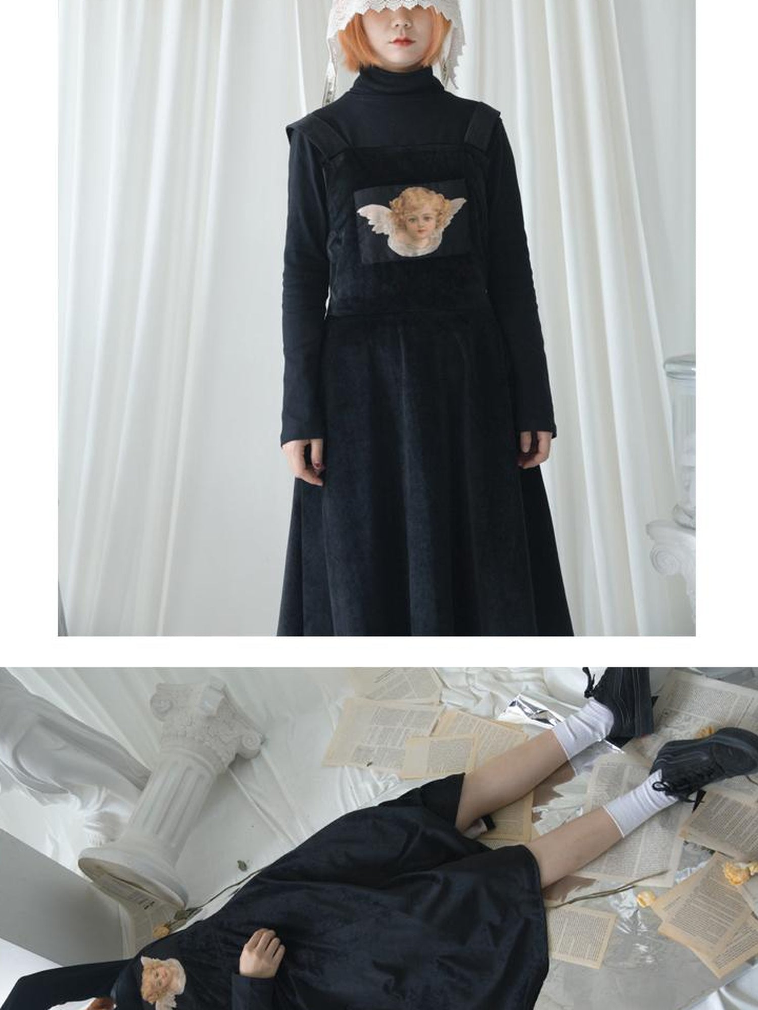 Daytoday Velvet Angel Oil Painting Mini Dress V-Neck T-Shirt Long-Sleeve