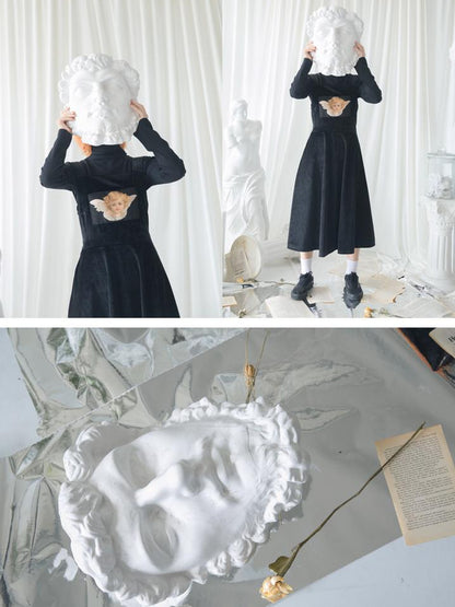 Daytoday Velvet Angel Oil Painting Mini Dress V-Neck T-Shirt Long-Sleeve