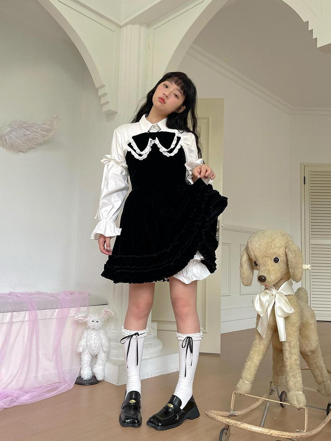 Daytoday Velvet Bow Black Swing Dress V-Neck T-Shirt Long-Sleeve