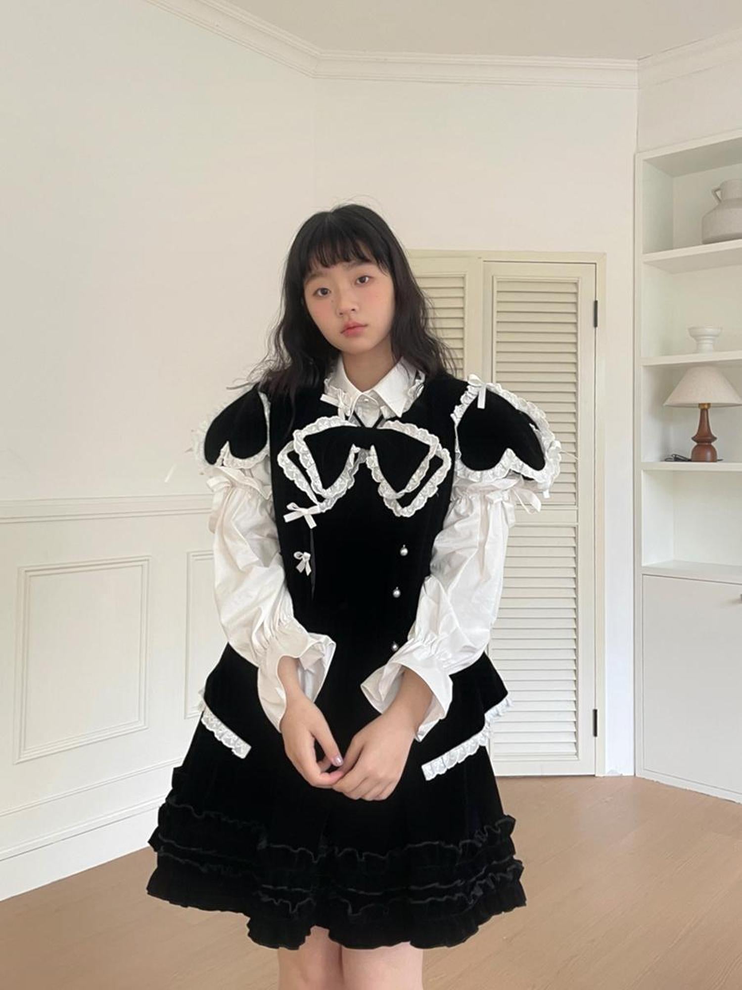 Daytoday Velvet Bow Black Swing Dress V-Neck T-Shirt Long-Sleeve