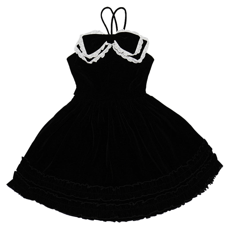 Daytoday_Velvet_Bow_Black_Swing_Dress_V-Neck_T-Shirt_Long-Sleeve_MISSTT