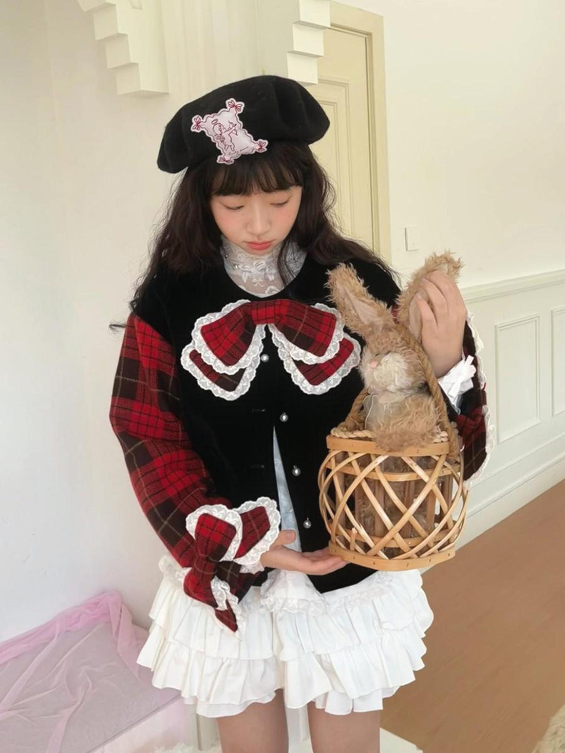 Daytoday Velvet Bow Plaid Christmas Short Coat