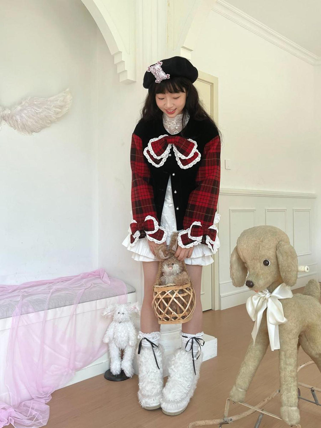 Daytoday Velvet Bow Plaid Christmas Short Coat