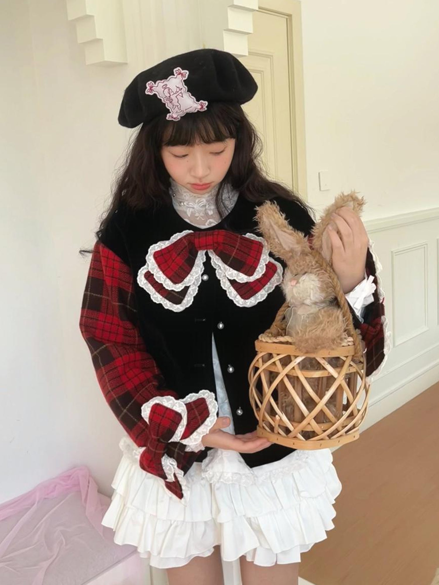 Daytoday Velvet Bow Plaid Christmas Short Coat