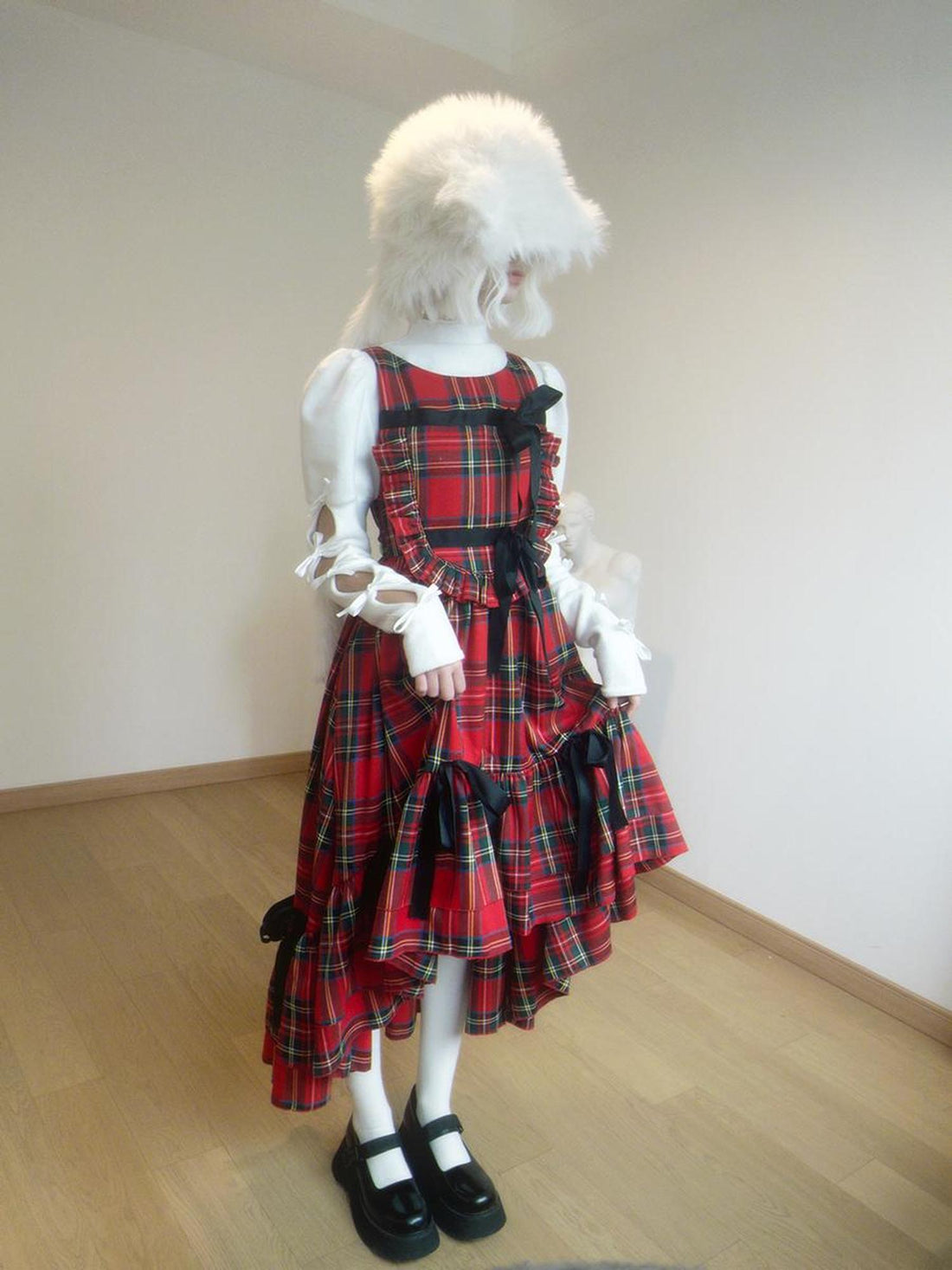 Daytoday Velvet Bow Plaid Christmas Vest Long Dress