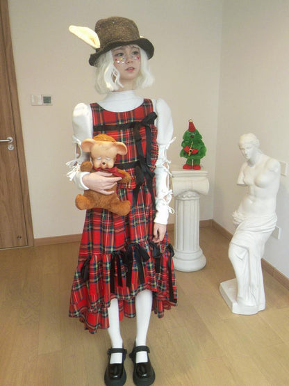 Daytoday Velvet Bow Plaid Christmas Vest Long Dress