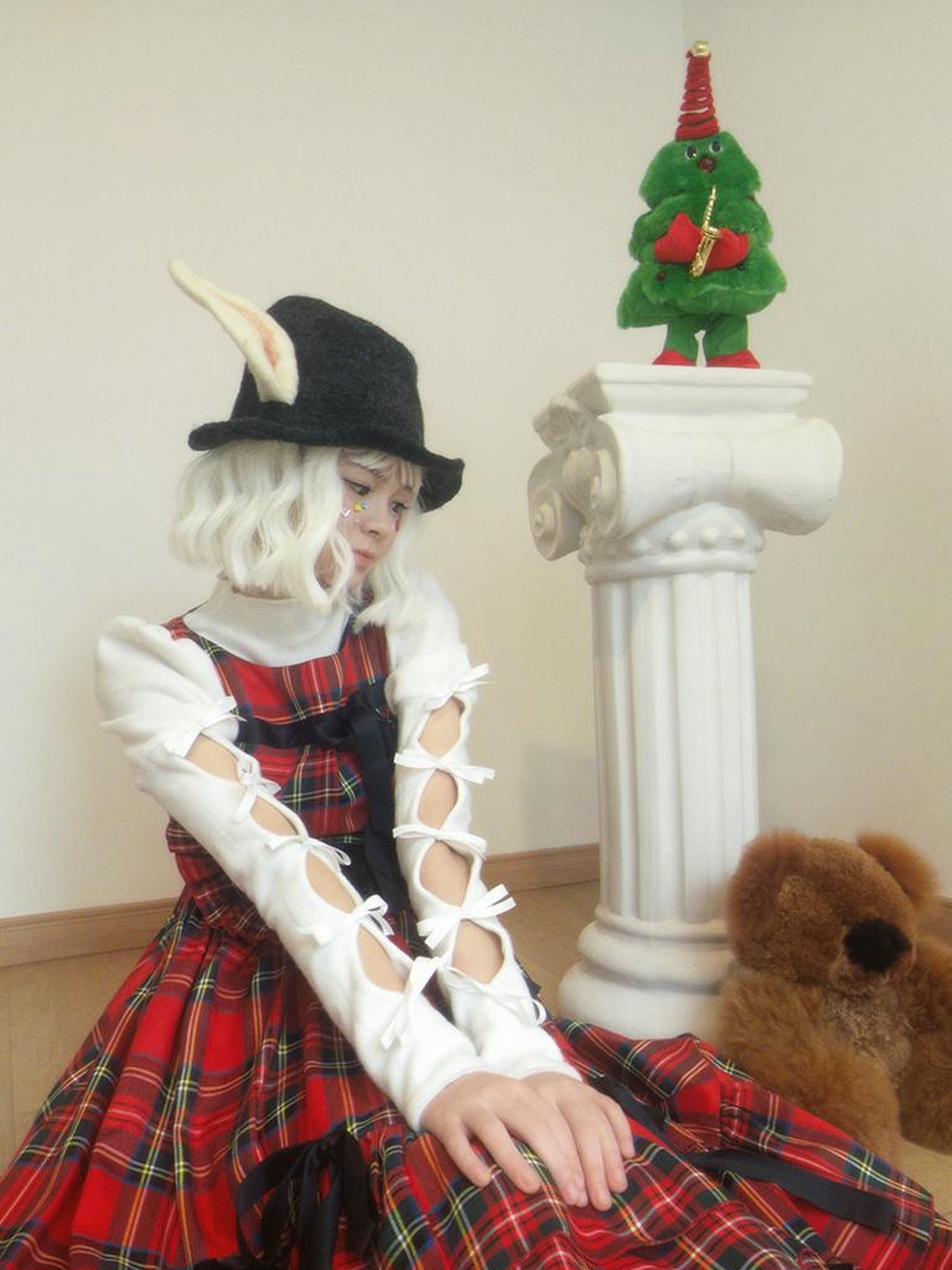 Daytoday Velvet Bow Plaid Christmas Vest Long Dress