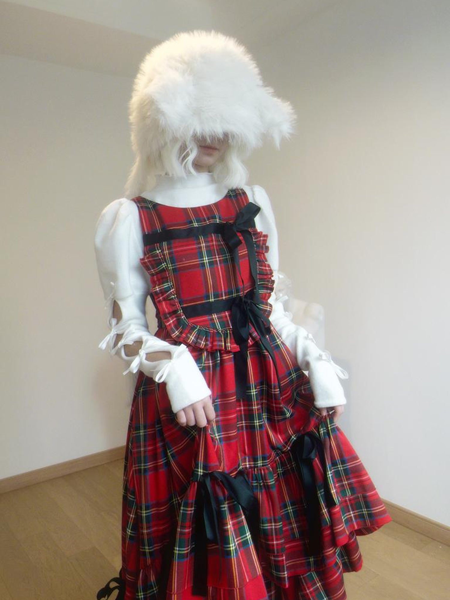 Daytoday Velvet Bow Plaid Christmas Vest Long Dress