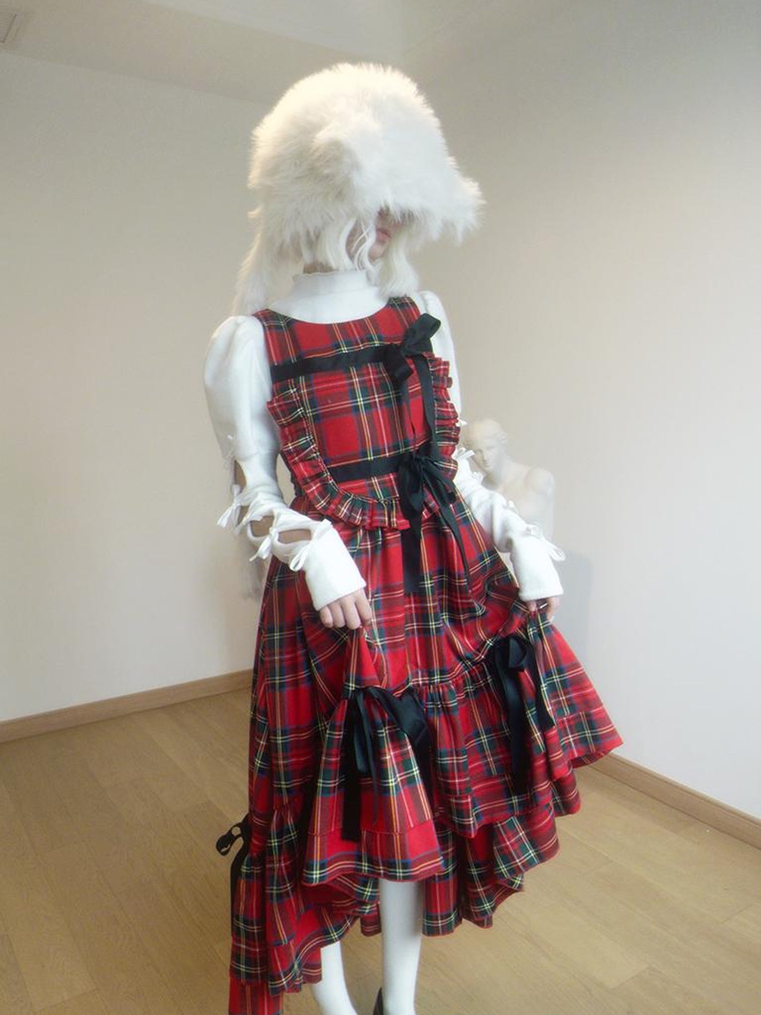 Daytoday Velvet Bow Plaid Christmas Vest Long Dress