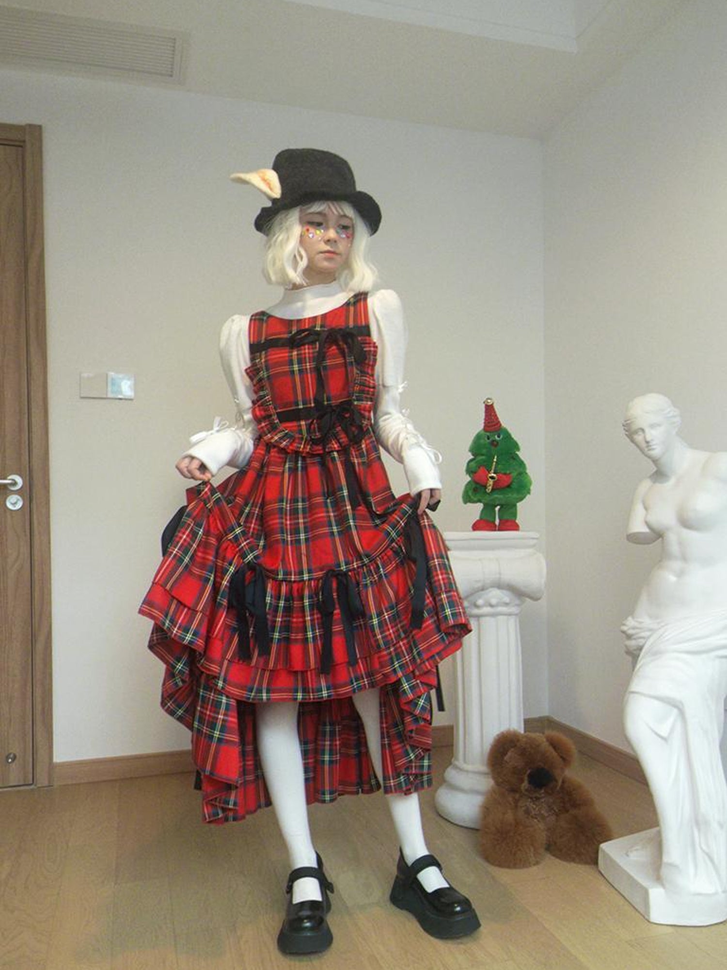 Daytoday Velvet Bow Plaid Christmas Vest Long Dress