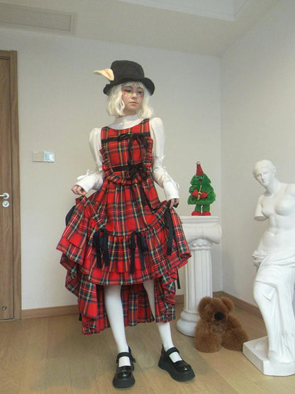 Daytoday Velvet Bow Plaid Christmas Vest Long Dress