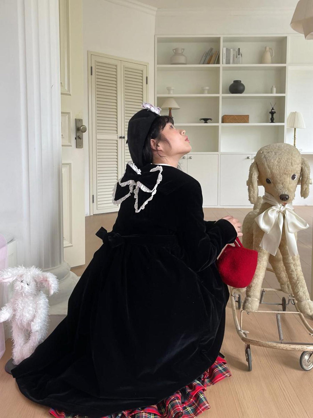 Daytoday Velvet Bow Tie Cotton Trench Coat Mid Length