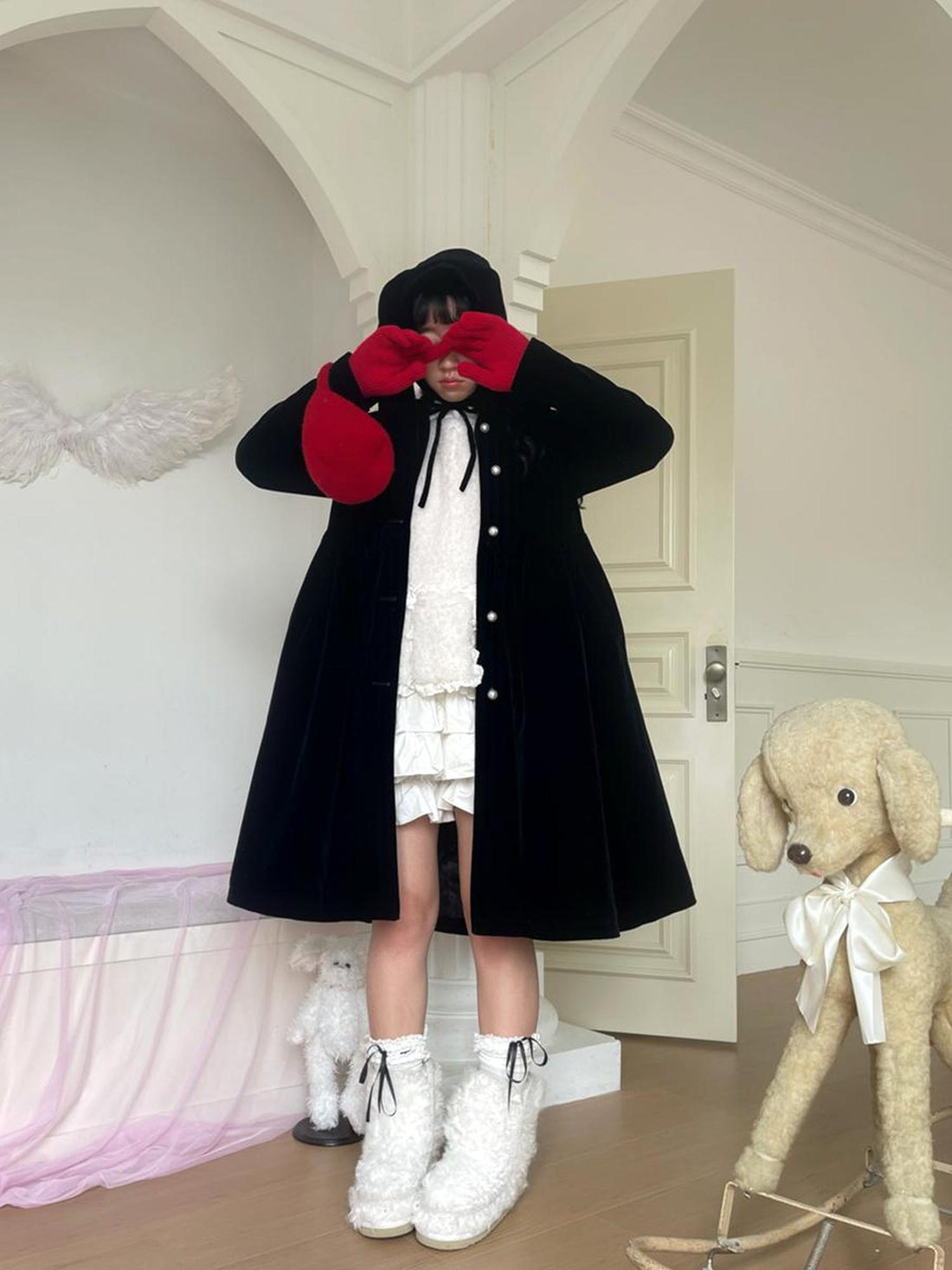 Daytoday Velvet Bow Tie Cotton Trench Coat Mid Length