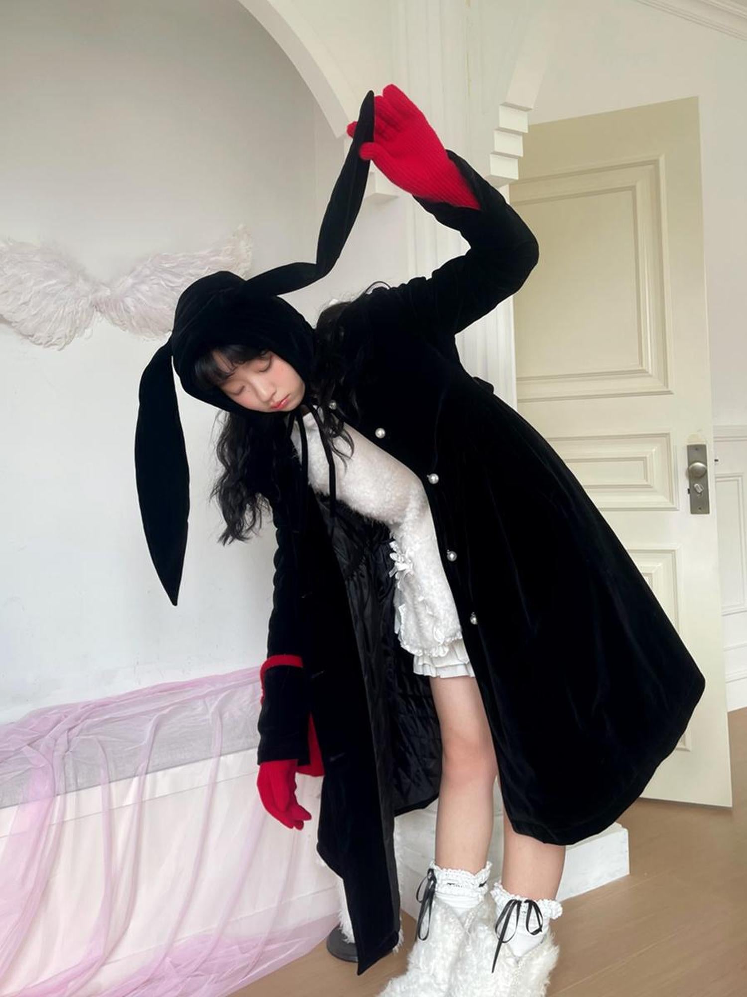 Daytoday Velvet Bow Tie Cotton Trench Coat Mid Length