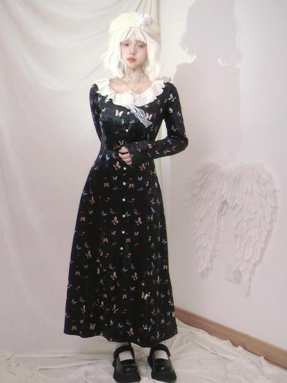 Daytoday Velvet Butterfly Print Vintage Elegance Long Sleeve V-Neck Dress