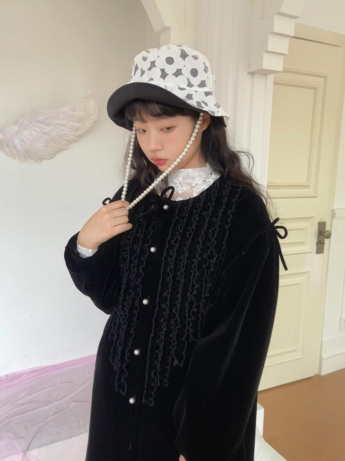 Daytoday Velvet Ruffled Vintage Long Trench Coat