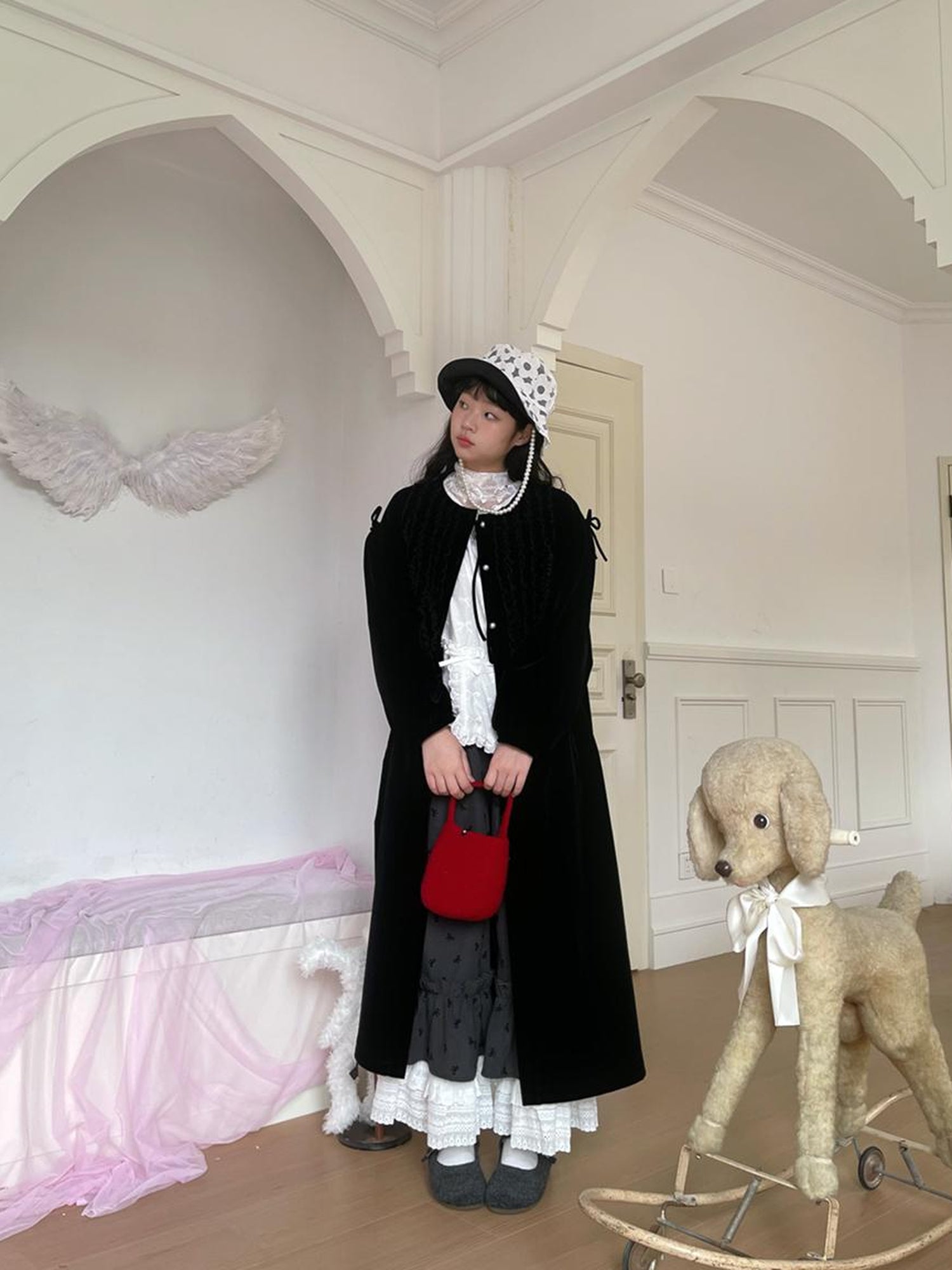 Daytoday Velvet Ruffled Vintage Long Trench Coat
