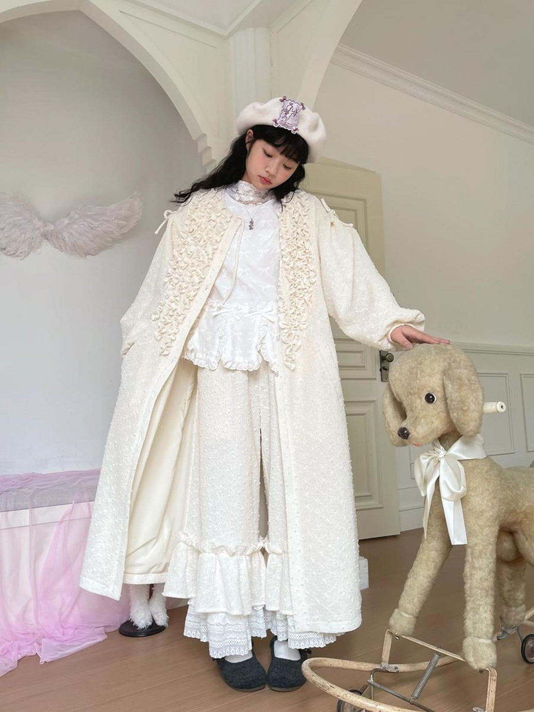 Daytoday Velvet Ruffled Vintage Long Trench Coat