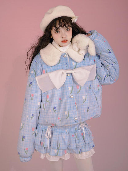Daytoday Velvet Tulan Plaid Print Bow Lamb Fleece Short Coat