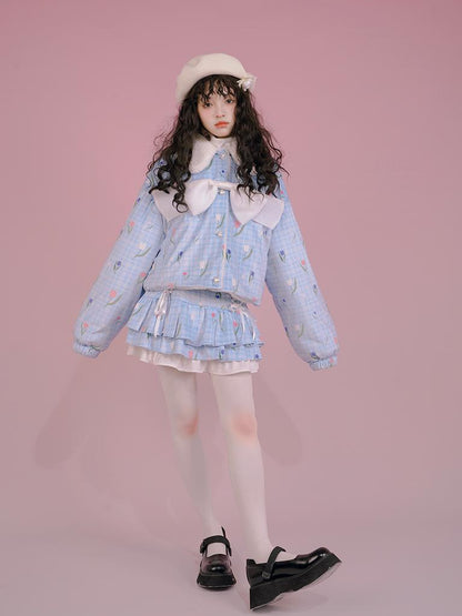 Daytoday Velvet Tulan Plaid Print Bow Lamb Fleece Short Coat