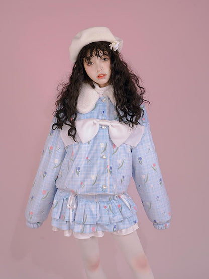 Daytoday Velvet Tulan Plaid Print Bow Lamb Fleece Short Coat