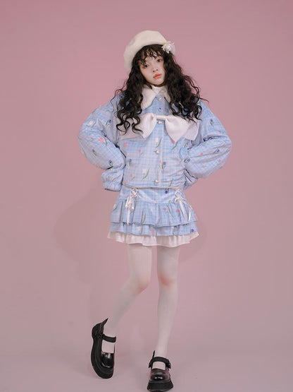 Daytoday Velvet Tulan Plaid Print Bow Lamb Fleece Short Coat