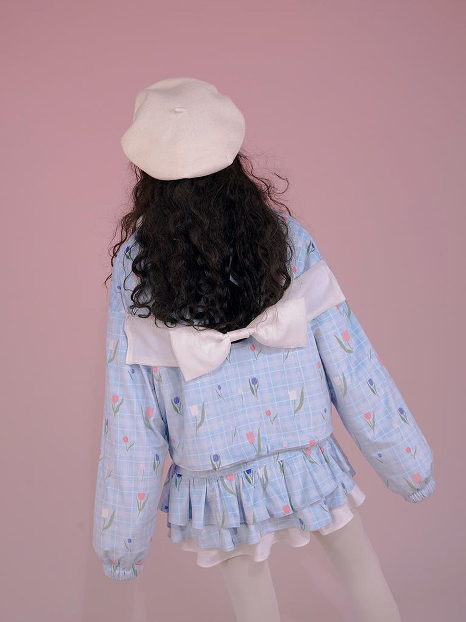 Daytoday Velvet Tulan Plaid Print Bow Lamb Fleece Short Coat