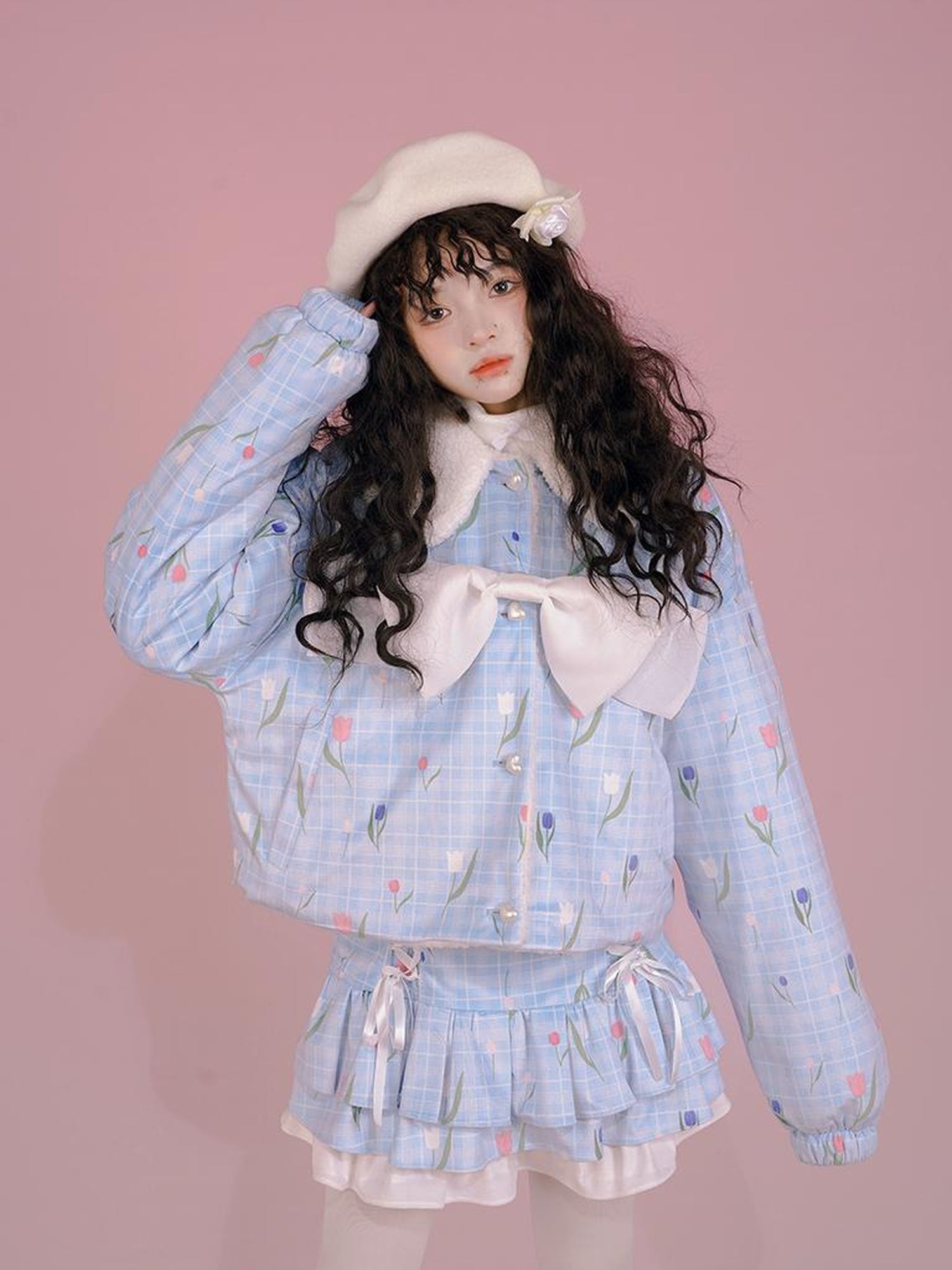 Daytoday Velvet Tulan Plaid Print Bow Lamb Fleece Short Coat