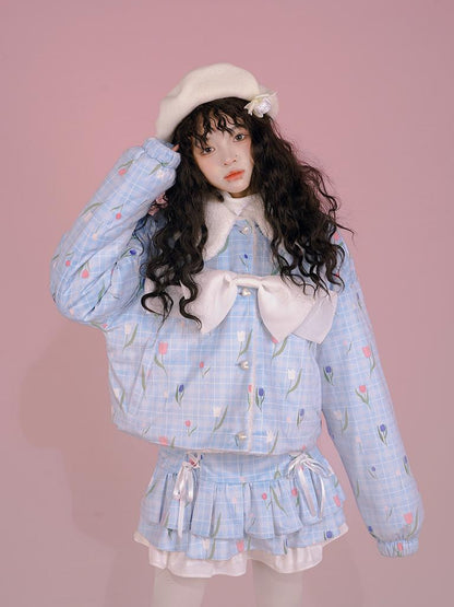 Daytoday Velvet Tulan Plaid Print Bow Lamb Fleece Short Coat