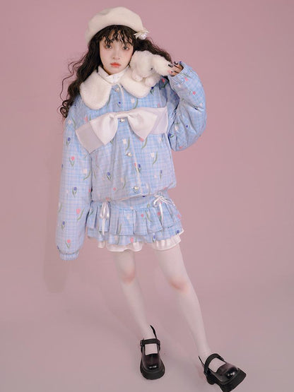 Daytoday Velvet Tulan Plaid Print Bow Lamb Fleece Short Coat