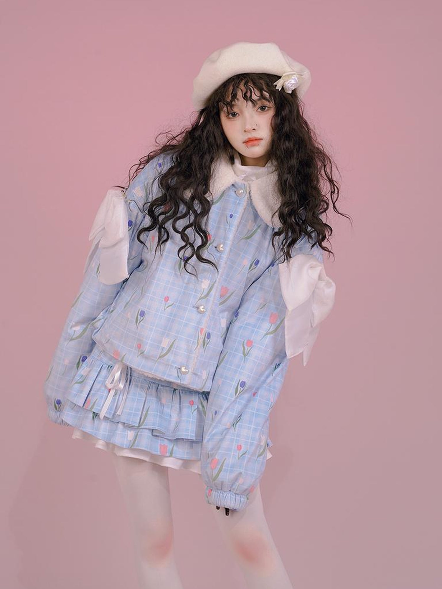 Daytoday Velvet Tulan Plaid Print Bow Lamb Fleece Short Coat