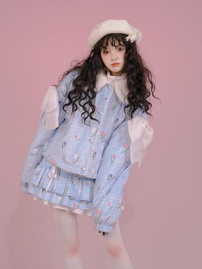 Daytoday Velvet Tulan Plaid Print Bow Lamb Fleece Short Coat