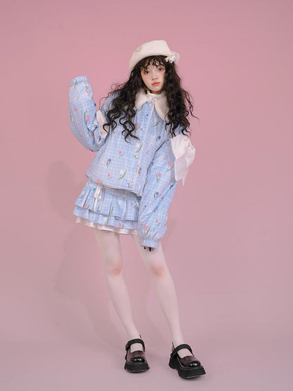 Daytoday Velvet Tulan Plaid Print Bow Lamb Fleece Short Coat