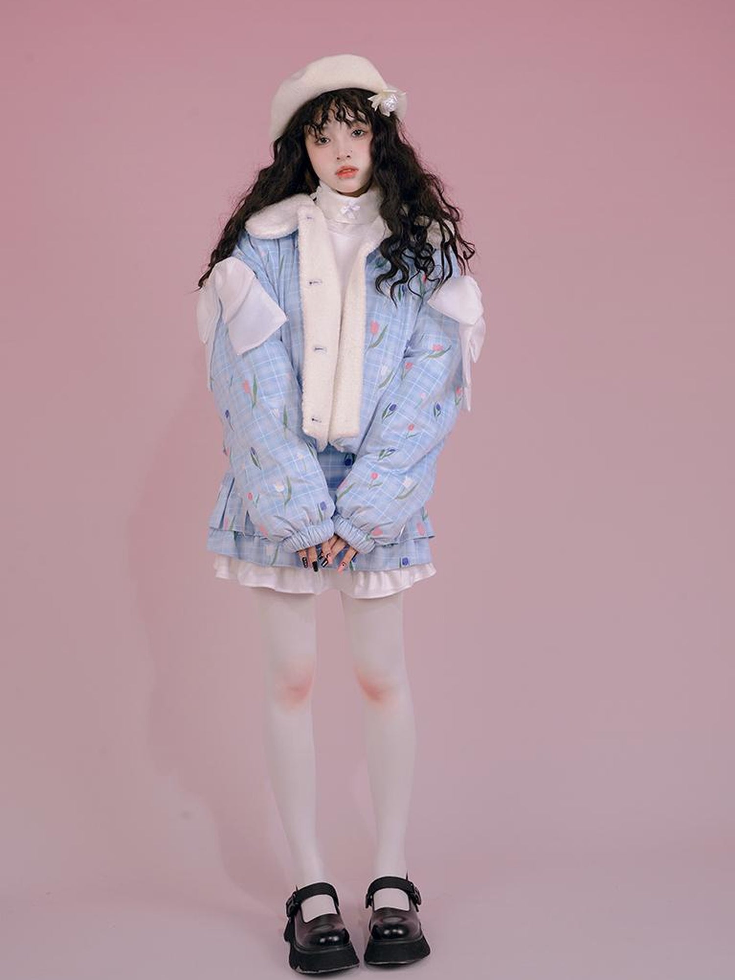 Daytoday Velvet Tulan Plaid Print Bow Lamb Fleece Short Coat
